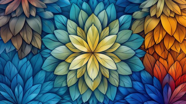 Mandala of Leaves: Intricate mandala pattern composed of stylized leaves in vibrant shades of blue, green, yellow, and orange, creating a harmonious and organic design.
