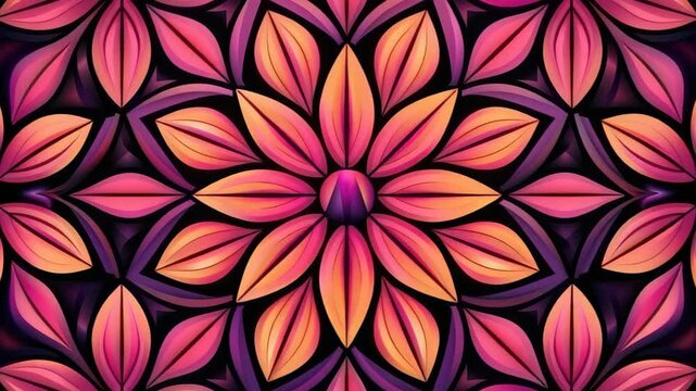 Floral Mandala Pattern: An intricate floral mandala design with a symmetrical arrangement of petals in vibrant shades of pink and orange, set against a dark background.