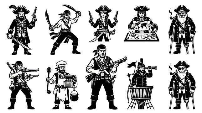  including pirate captain, swordsman, navigator, gunner, treasure hunter, female pirate, ship cook, lookout sailor, and old sea captain. Ultra-detailed flat design using one solid black color only, cr