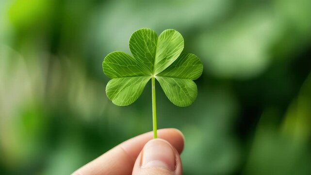 Lucky Clover Leaf: A close-up shot captures a delicate, vibrant green clover leaf held between two fingers against a softly blurred backdrop of lush greenery.