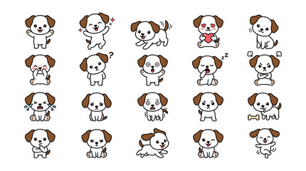 Fototapeta premium Adorable Cartoon Puppy Dog Character Set with Various Poses and Emotions Expressing Different Feelings.
