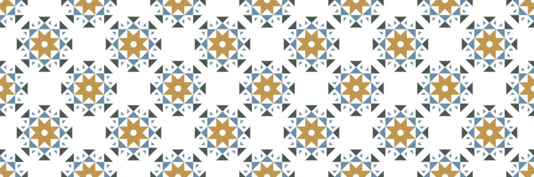 Seamless geometric pattern with ethnic stars and triangles in gold and blue color palette on isolated white background. Traditional winter holiday illustration.