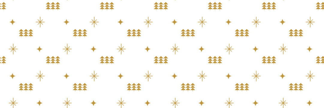 Pattern white christmas with seamless background trees and golden stars elegant. Winter festive holidays with decoration design minimalist and simple wallpaper texture.