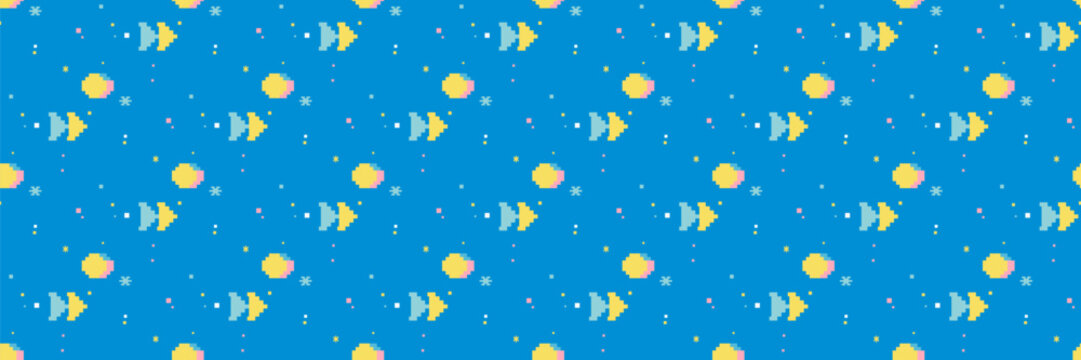 Pixel art seamless pattern of cute yellow and blue abstract fish swimming on a bright blue background with small stars and geometric elements. Children textile and wallpaper design