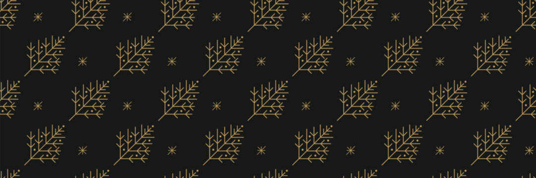 Pattern geometric golden with branch pine fir and floral textile background. Gold festive winter with seamless graphic botanical and motif vector outline.