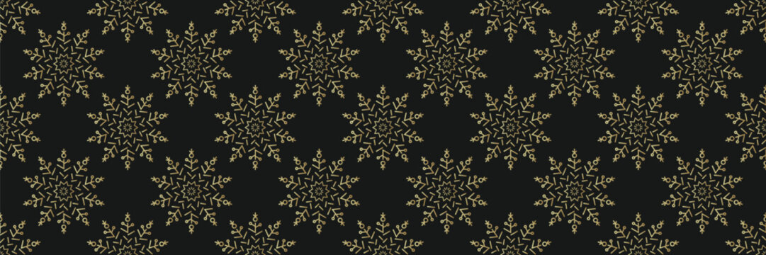 Snowflake flake golden with pattern seamless gold and vector star background. Xmas border ornament with christmas snow glitter and ice luxury black.