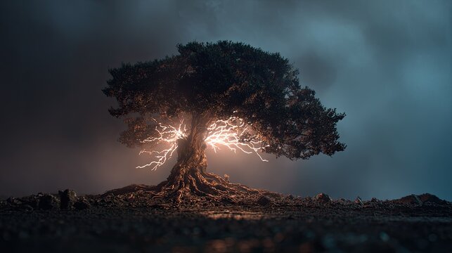 Ancient tree, lightning, dark sky