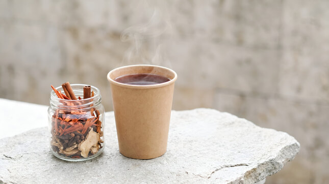 Traditional Wedang Uwuh in sustainable takeaway packaging for wellness branding, caf&eacute; marketing, hospitality campaigns, and beverage advertising.