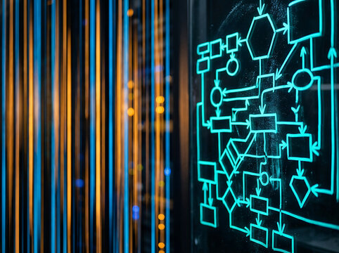 Glowing neon algorithm diagram on a server room glass door with blurred background data center cooling lights