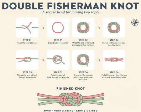Double fisherman knot tutorial steps for joining two ropes in black style.