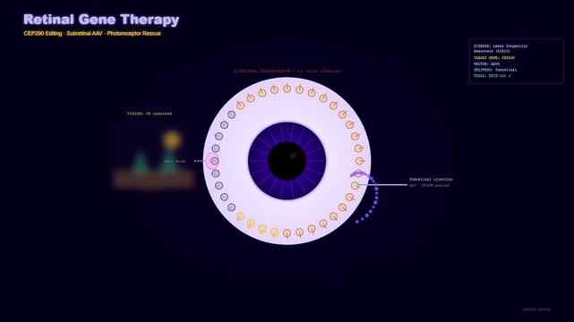 A sophisticated medical animation of CRISPR Gene Therapy illustrates the subretinal delivery of a genetic payload to restore vision by rescuing damaged photoreceptor human eye cells.