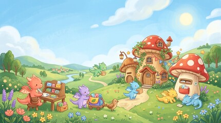 Fototapeta premium Whimsical Dragon Village Scene – Fantasy Landscape