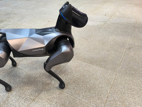 MELITOPOL, UKRAINE - JANUARY 18, 2026: Futuristic metallic bionic quadraped robot dog standing on a grey tile floor.