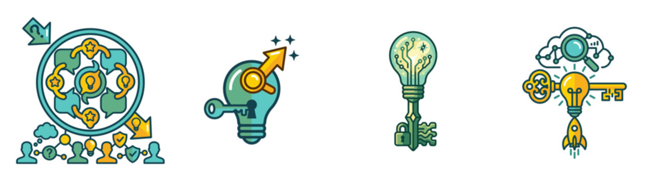 series of icons representing global collaboration, key ideas, innovation, and unlocking potential
