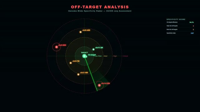 A scanning radar interface for CRISPR gene therapy displays real time genomic data showing on target efficiency and potential off target mutations during a scientific simulation.