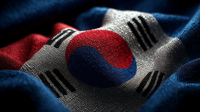 Close-up of the South Korean flag fabric showing detailed folds, the Taegeuk symbol, and black trigrams with realistic textile texture and vibrant colors.