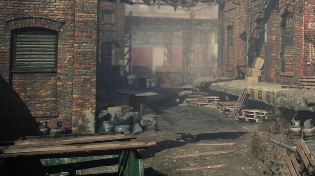 Workers clean an old city area with damaged brick buildings and scattered debris. Piles of trash and wooden pallets are seen on the street. Equipment nearby indicates ongoing construction activities.