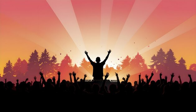 Silhouette of a DJ with raised arms performing at a mainstage in front of a cheering crowd, surrounded by pine forest at golden hour sunset with radiant light rays