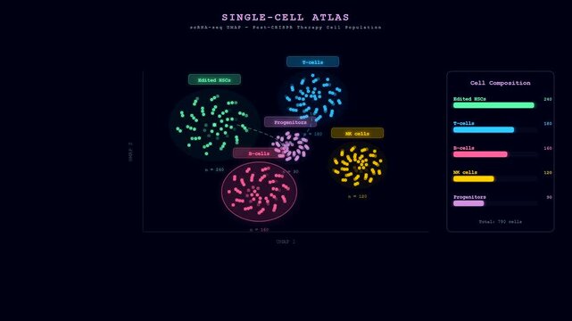 A detailed scientific data visualization showing CRISPR Gene Therapy effects on various cell populations through animated UMAP clusters and dynamic bar charts in a dark digital interface display