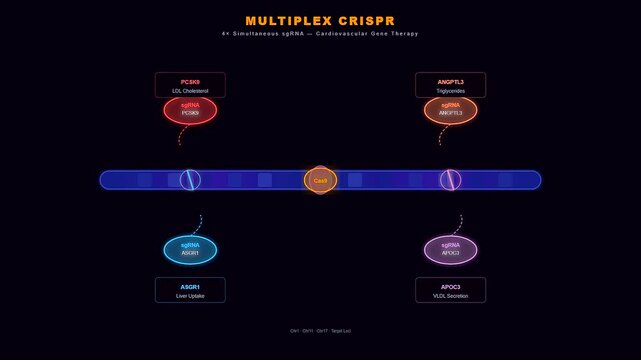 A futuristic animation showing advanced CRISPR Gene Therapy targeting multiple cardiovascular genes simultaneously along a digital DNA strand for precision medicine and health research.