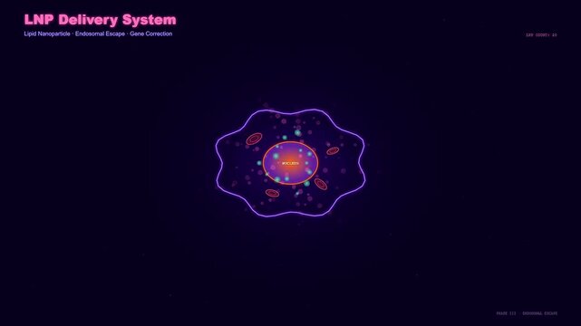 Microscopic animation visualizing how CRISPR Gene Therapy utilizes lipid nanoparticles to penetrate a cell membrane and release genetic material for effective intracellular gene correction processes