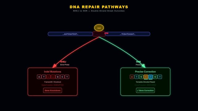 An informative medical animation illustrating CRISPR Gene Therapy pathways where an enzyme cuts a double helix to enable error prone non homologous end joining or precise repair