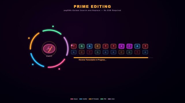 A detailed scientific animation showing how CRISPR Gene Therapy works by using a molecular guide to perform precise DNA base pair editing and reverse transcription processes