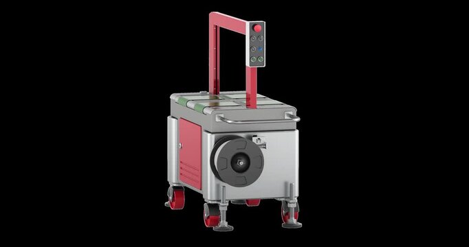 Automatic strapping machine rotation animation seamlessly loopable. 3D rendering isolated on transparent background