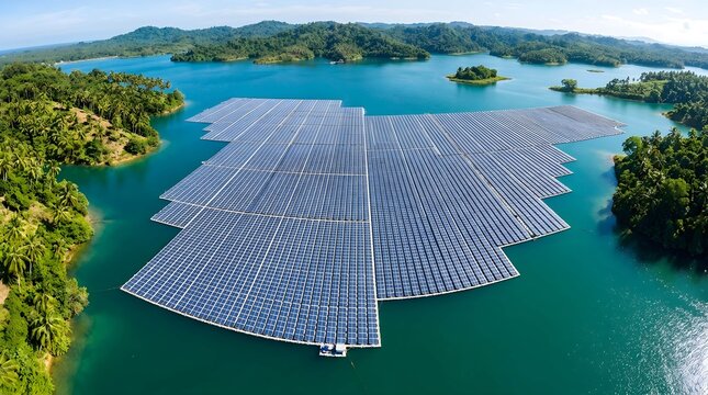 Large-scale floating solar installation in a misty lake surrounded by lush green islands and mountains