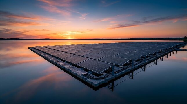 Floating solar panels arranged in concentric circles on water at sunset