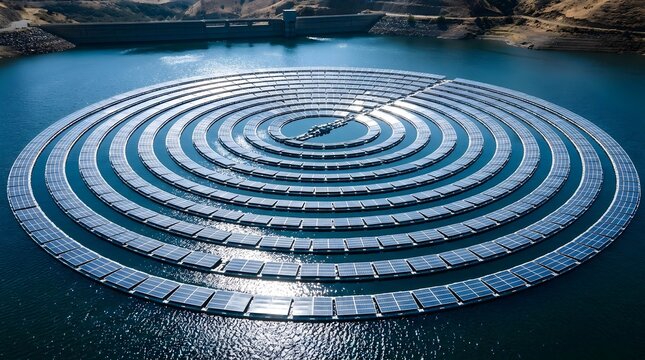 Aerial view of a large floating photovoltaic farm during a light rain shower on a serene lake surrounded by rugged landscape