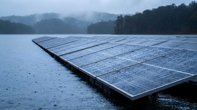 A massive floating solar power plant floats on a serene lake beneath a dramatic gray sky with distant misty mountains.
