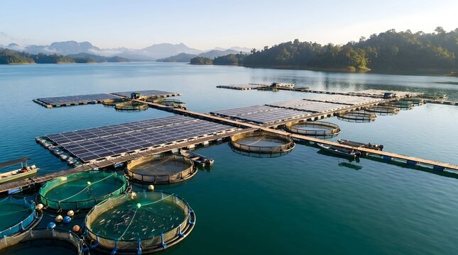 Aerial view of a floating solar farm integrated with an aquaculture system in a serene lake environment surrounded by mountains and trees with solar panels and fish farms.