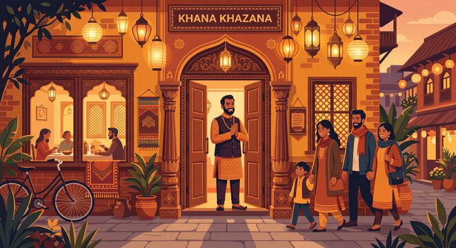 A Welcome Awaits: A family strolls towards a warmly lit Indian restaurant, greeted by a host at the entrance, evoking a sense of community and culinary delight.