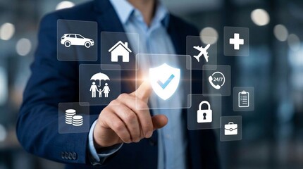Fototapeta premium Comprehensive digital insurance and risk management concept. Business professional interacting with a virtual security shield surrounded by multi-policy coverage icons—including auto, property, life, 