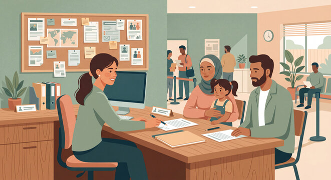 Immigration Services: A family consulting with an immigration officer at a government office, navigating official processes and seeking assistance with their journey.