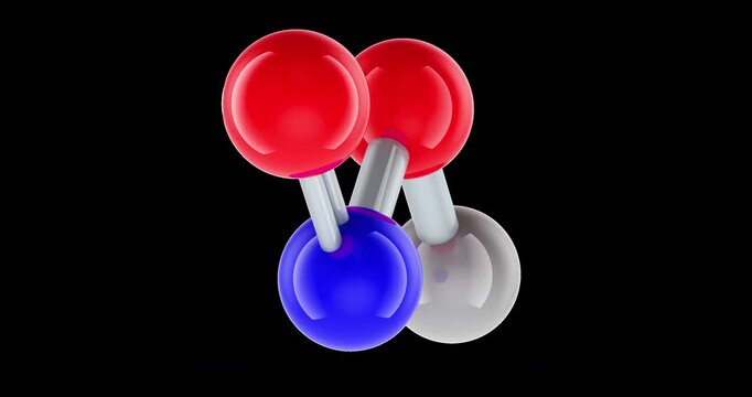 Nitric acid molecule rotation animation seamlessly loopable. 3D rendering isolated on transparent background