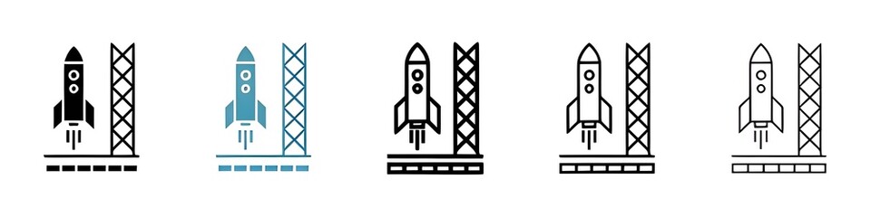 Spacecraft launch sign icon set. Rocket ship launching vector icon for ui designs. Thin line customizable illustration. Contour symbol. Vector isolated outline drawing. Editable stroke © Lovely