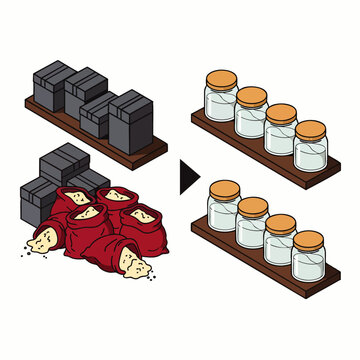 Isometric 3D wooden crates with stacked jars of preserved food and spices on rustic shelves, concept for organic product packaging, farm-to-table branding and sustainable kitchen storage solutions