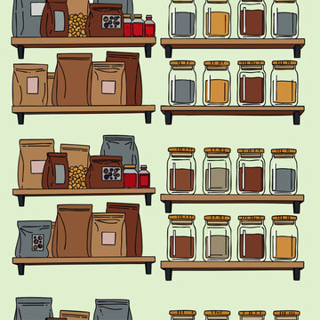 Colorful organized kitchen pantry shelves with neatly arranged jars and containers, concept for home storage solutions, interior design inspiration, and decluttering tips for modern living spaces