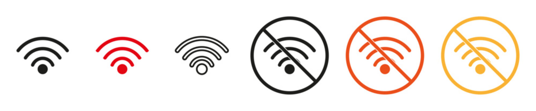 Wi-Fi icon set. Wireless network, internet connection, no Wi-Fi, signal strength, and connectivity symbols representing wireless communication, networking, mobile devices, and internet access.