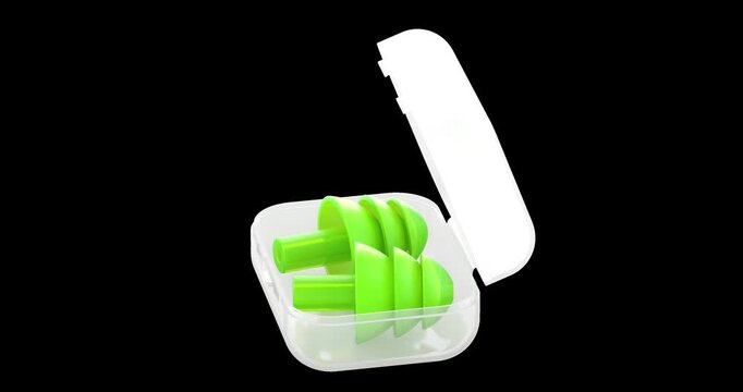 Reusable earplugs in open case rotation animation seamlessly loopable. 3D rendering isolated on transparent background