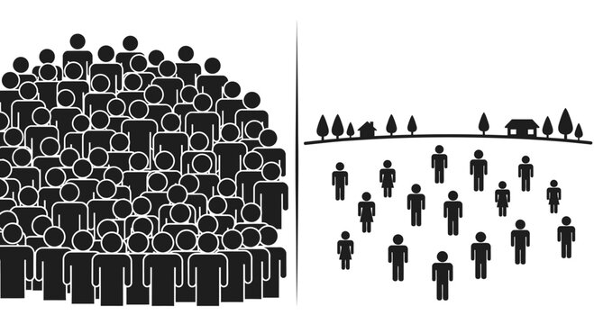 Conceptual comparison of dense urban overpopulation versus sparse rural living conditions.