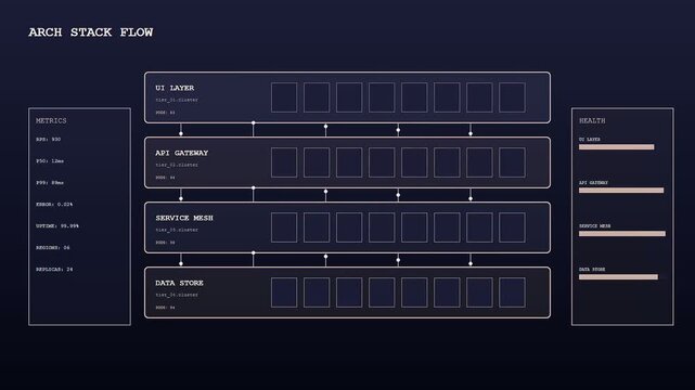 A digital workflow map displaying animated system architecture performance metrics in a dark interface with cascading nodes and glowing lines for monitoring server cluster activity