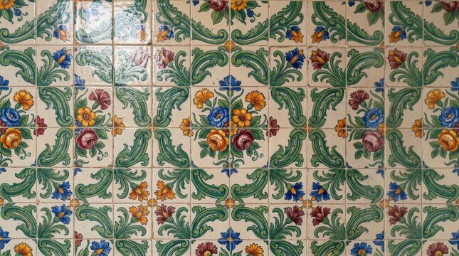 Portugal pattern ornate floral green and blue azulejo ceramic wall with portugal portuguese ornamental traditional