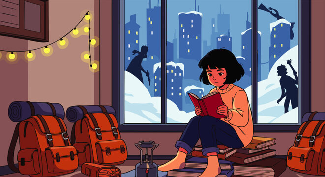 Cozy young woman reading book by snowy window with warm fairy lights, concept for winter relaxation and indoor comfort, ideal for holiday campaigns, book cover design, and wellness lifestyle promotion
