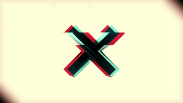 Letter X or cross symbol with heavy distortions and glitch effects