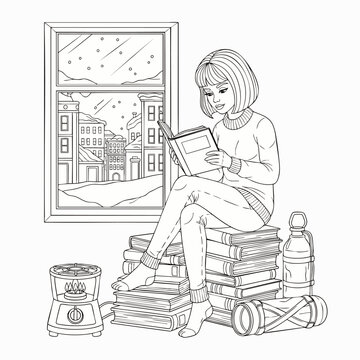 Cozy young woman reading book by large sunlit window with urban skyline view, concept for relaxation and learning, ideal for lifestyle blog, educational content, wellness app, and home decor