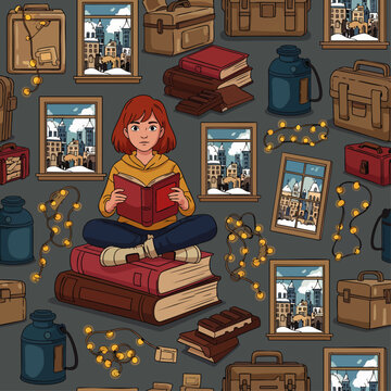Whimsical fantasy young character surrounded by magical travel items and vintage photo frames, concept for storytelling, book illustration, game design, and educational materials for creative