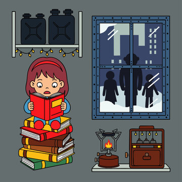 Charming cartoon matryoshka doll stacked with colorful books beside a glowing fireplace and cozy window view, concept for cultural education, children's book illustration, and festive holiday design